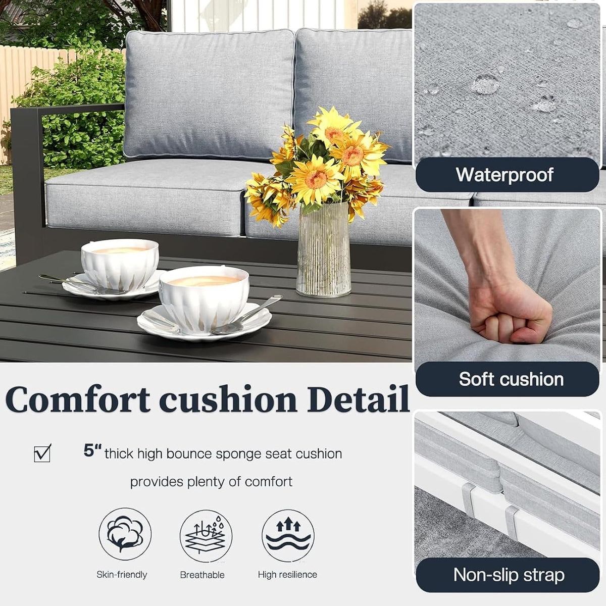 4 Piece Modern Aluminum Patio Furniture Set, Outdoor Patio Sectional Conversation Metal Seating Sets with Olefin Cushion and Coffee Table