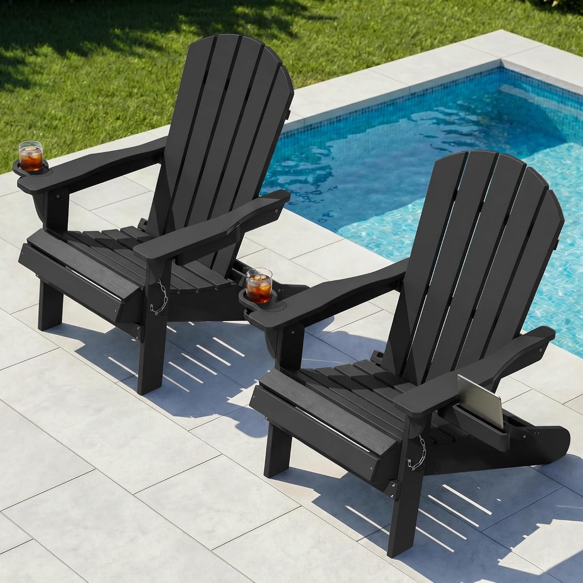 Shintenchi Folding Adirondack Chairs Set of 2,HDPE All-Weather Patio Chairs with Cup Holder & Phone Holder,Wooden Textured Fire Pit Chairs for Patio,Outside,Deck,Backyard,Black