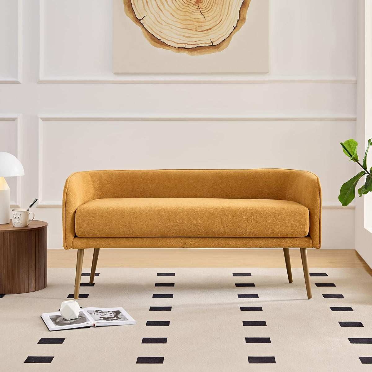 Bedroom Bench with Low Back,Inside Metal Frame, Extra Seat for Living Room,Entryway or Dinning Bench (Yellow) …