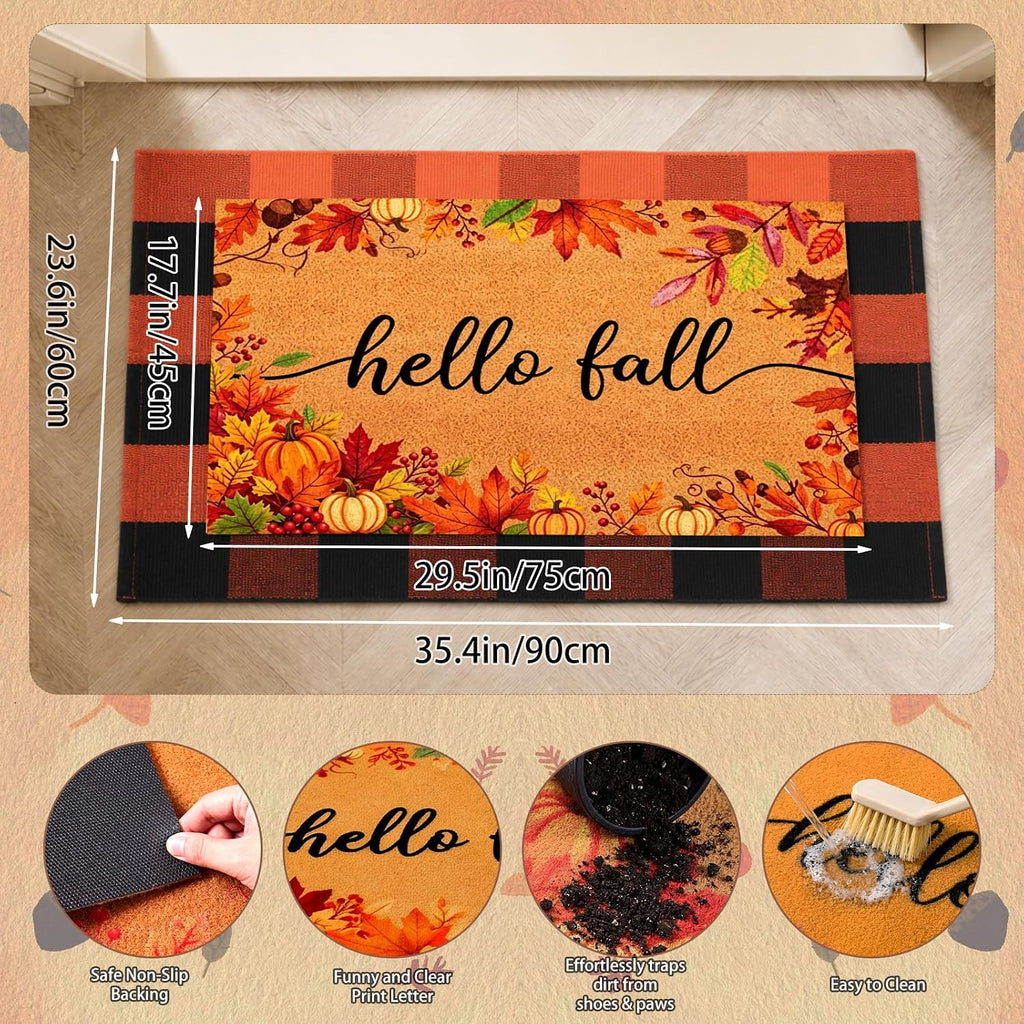 2 Pack Hello Fall Welcome Doormat, Orange Black Checkered Mat Non Slip