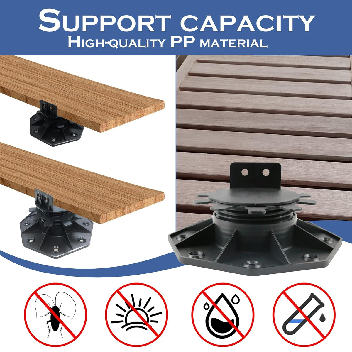 adjustable deck support pedestal blocks (1-3/16" to 2-3/8"), close-up detail