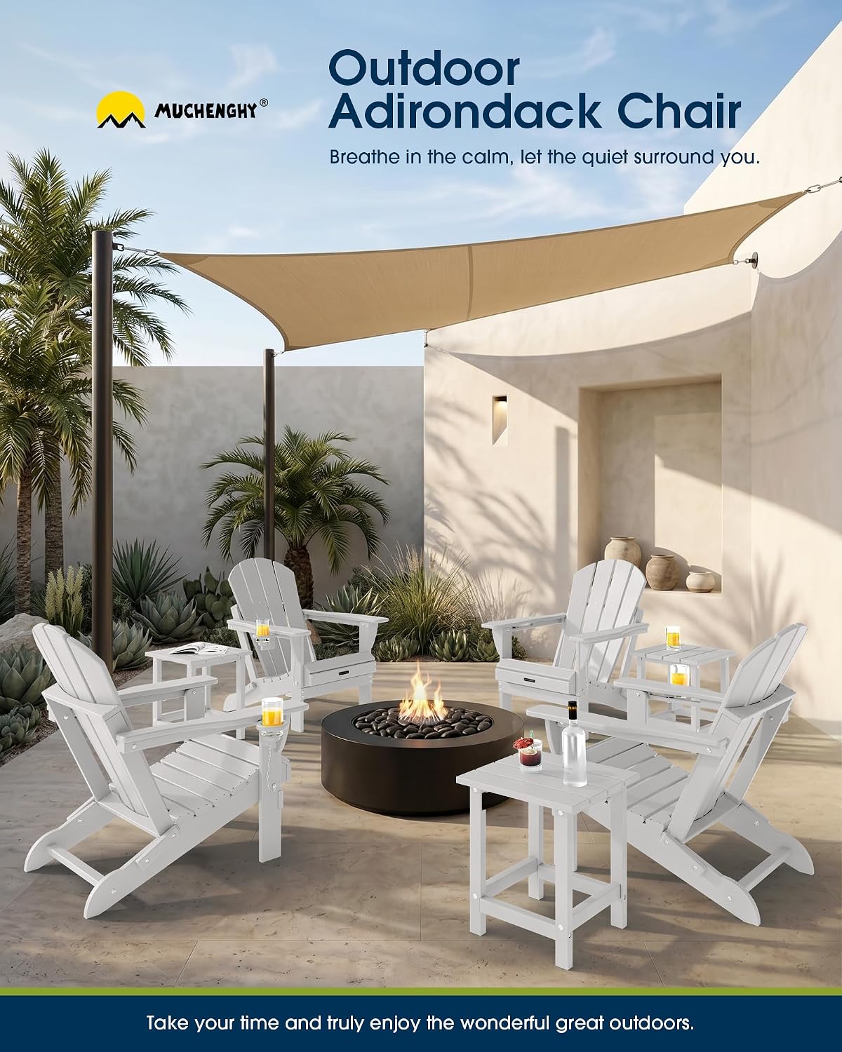 MUCHENGHY Folding Adirondack Chair HDPE for Fire Pit Outdoor, White