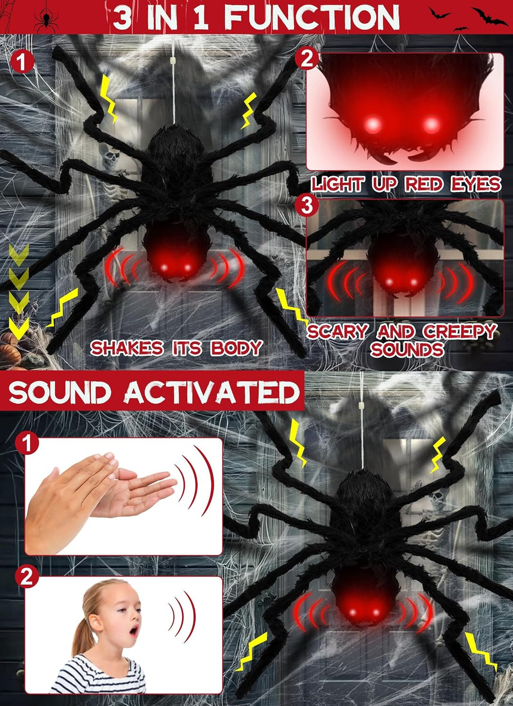 24'' Halloween Animatronics Giant Spider Up and Down Automatically