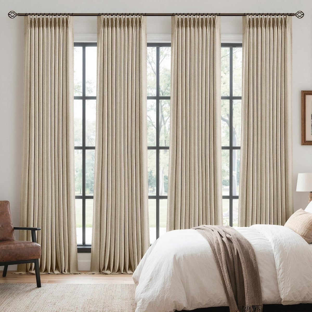 MIULEE 4 Panels Pinch Pleated 100% Blackout Linen Curtains 40"x90" Sand