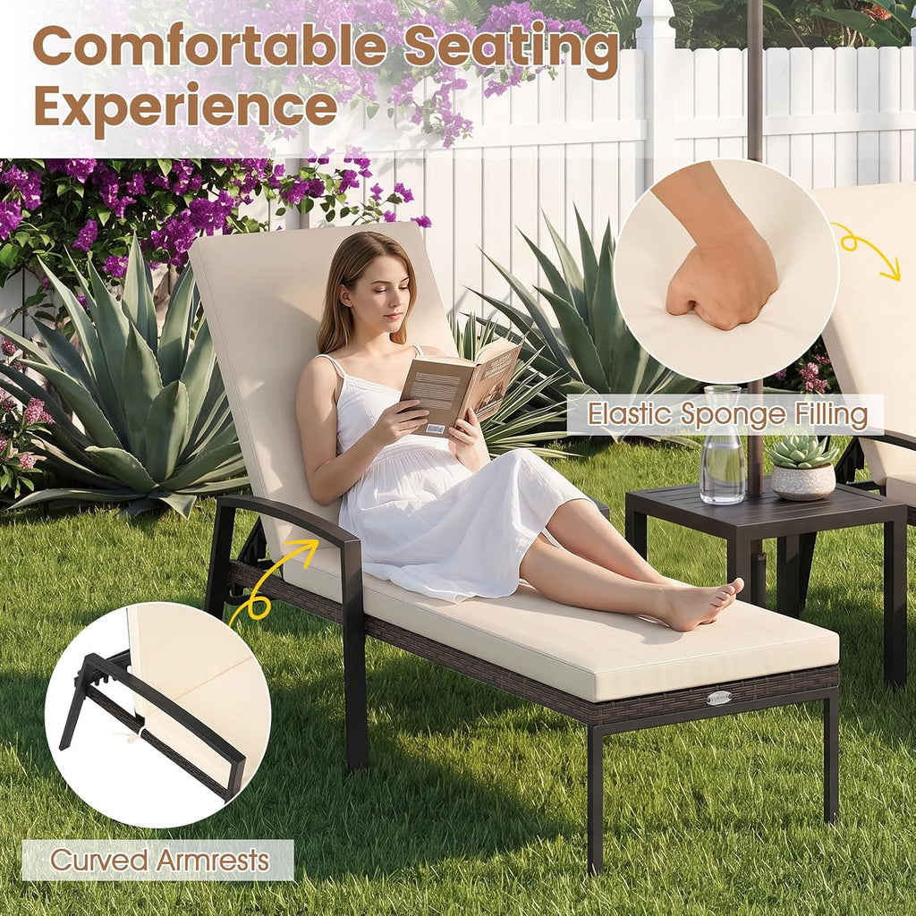 Tangkula Set of 2 Patio Furniture Outdoor Rattan Wicker Lounge Chair Set Adjustable Poolside Chaise with Armrest and Removable Cushions