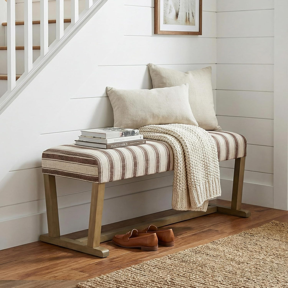 VKNOW Upholstered Entryway Bench, Dining Bench with Cushion, Brown