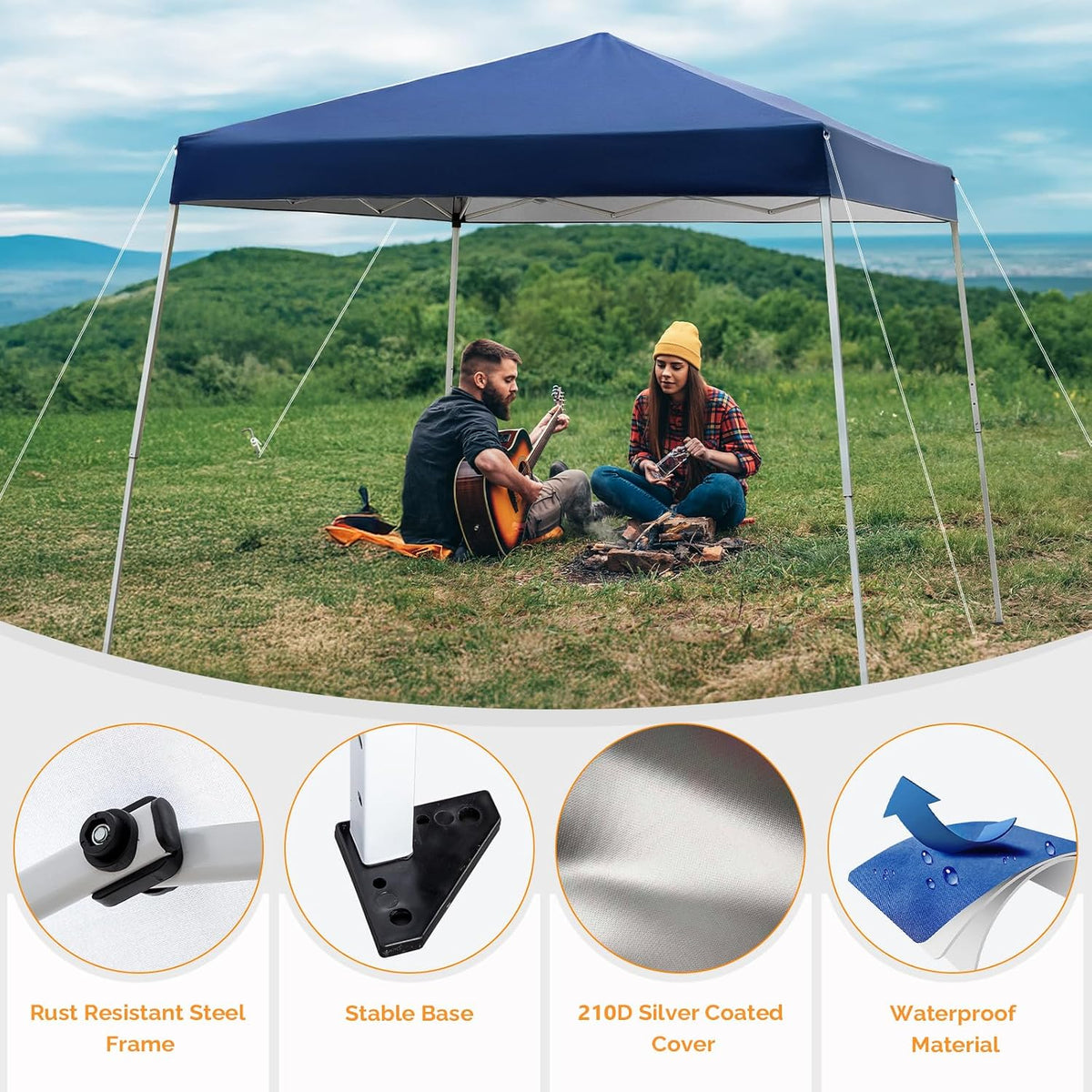 VINGLI 10x10 ft Pop Up Canopy Tent, Easy Up Tent Canopy, Foldable Portable Canopies for Camping, Patio, Outdoor Gazebo Slant Legs, Outdoor Instant Shelter Canopies with Carry Bag (Blue)