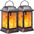 TomCare Flickering Flame Solar Lights Outdoor Metal Hanging Lantern, 2 Pack