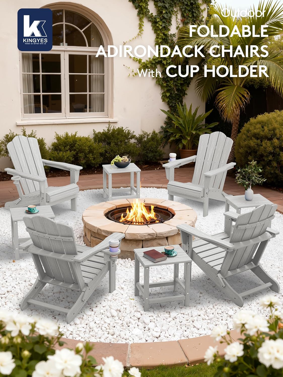 KINGYES Folding Adirondack Chair Set of 6 with Cup Holder, Silver Grey