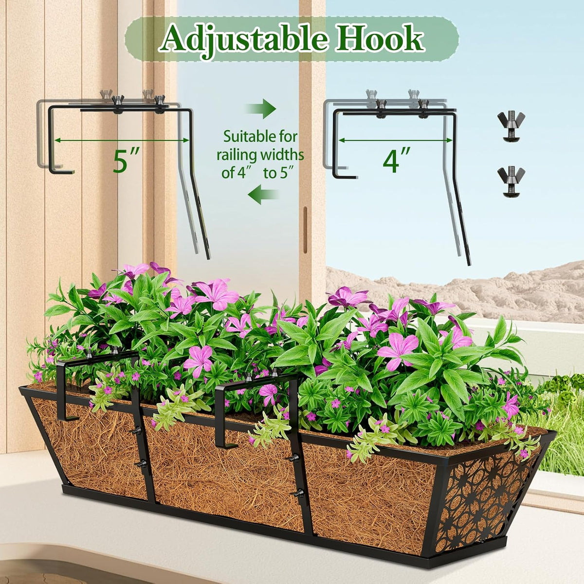 SPECILITE 24" Adjustable Metal Window Railing Planters Boxes, 4 Pack