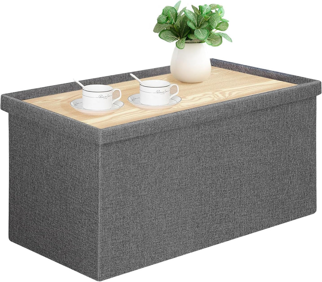 PINPLUS Folding Storage Ottoman Bench with Lid Tray, 30 inches Ottoman Coffee Table Grey Cube Chair Foot Rest Stool Storage Chest for Living Room Bedroom, Holds up to 550 lb