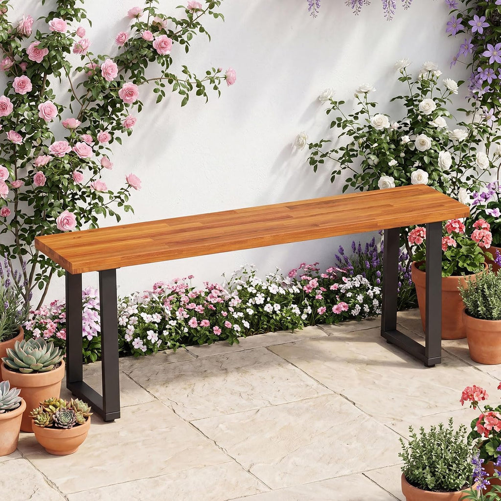 Tangkula Acacia Wood Outdoor Bench, 2-Person Backless Patio Dining Bench