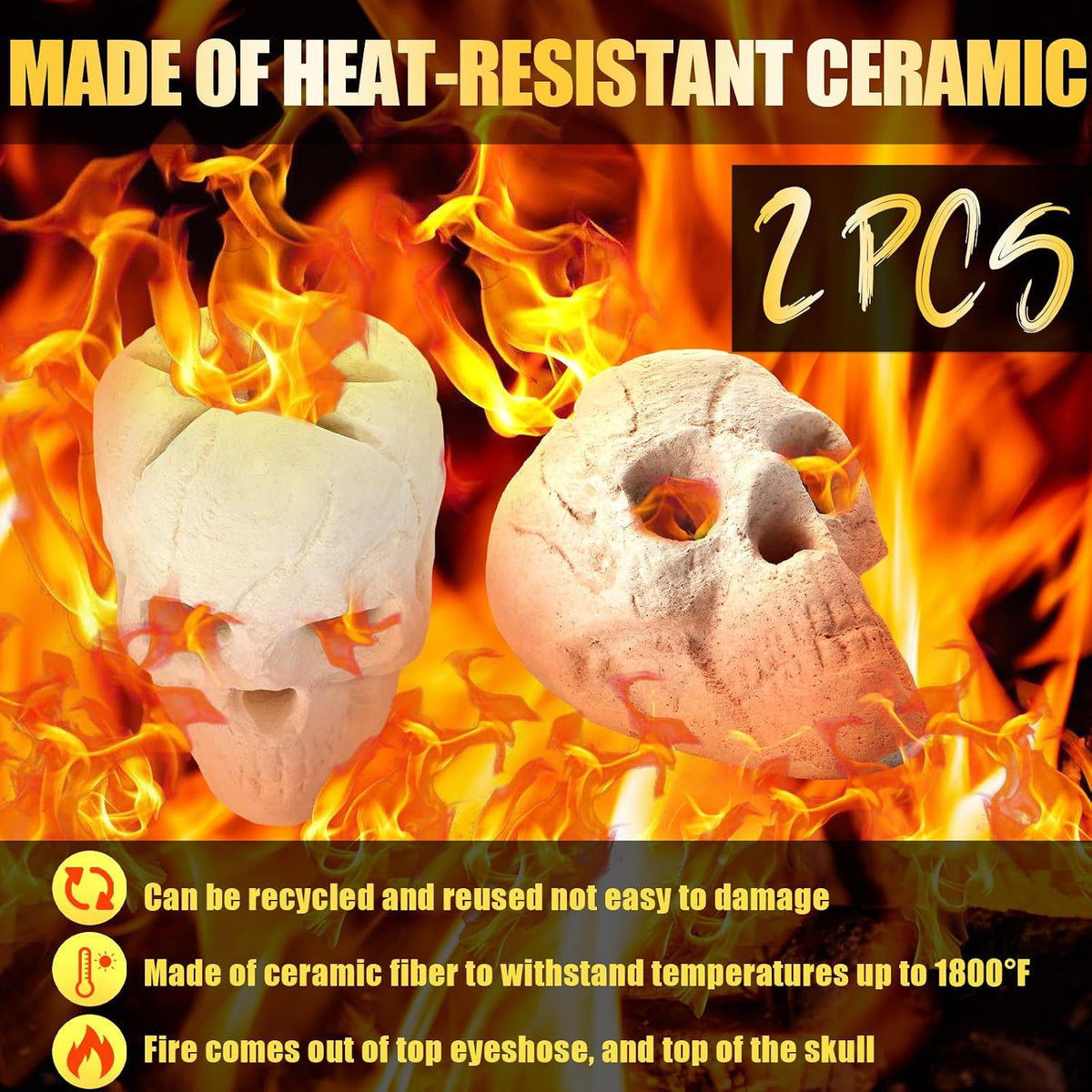 colingmill 2 pack ceramic fire pit skull 8.7, side view