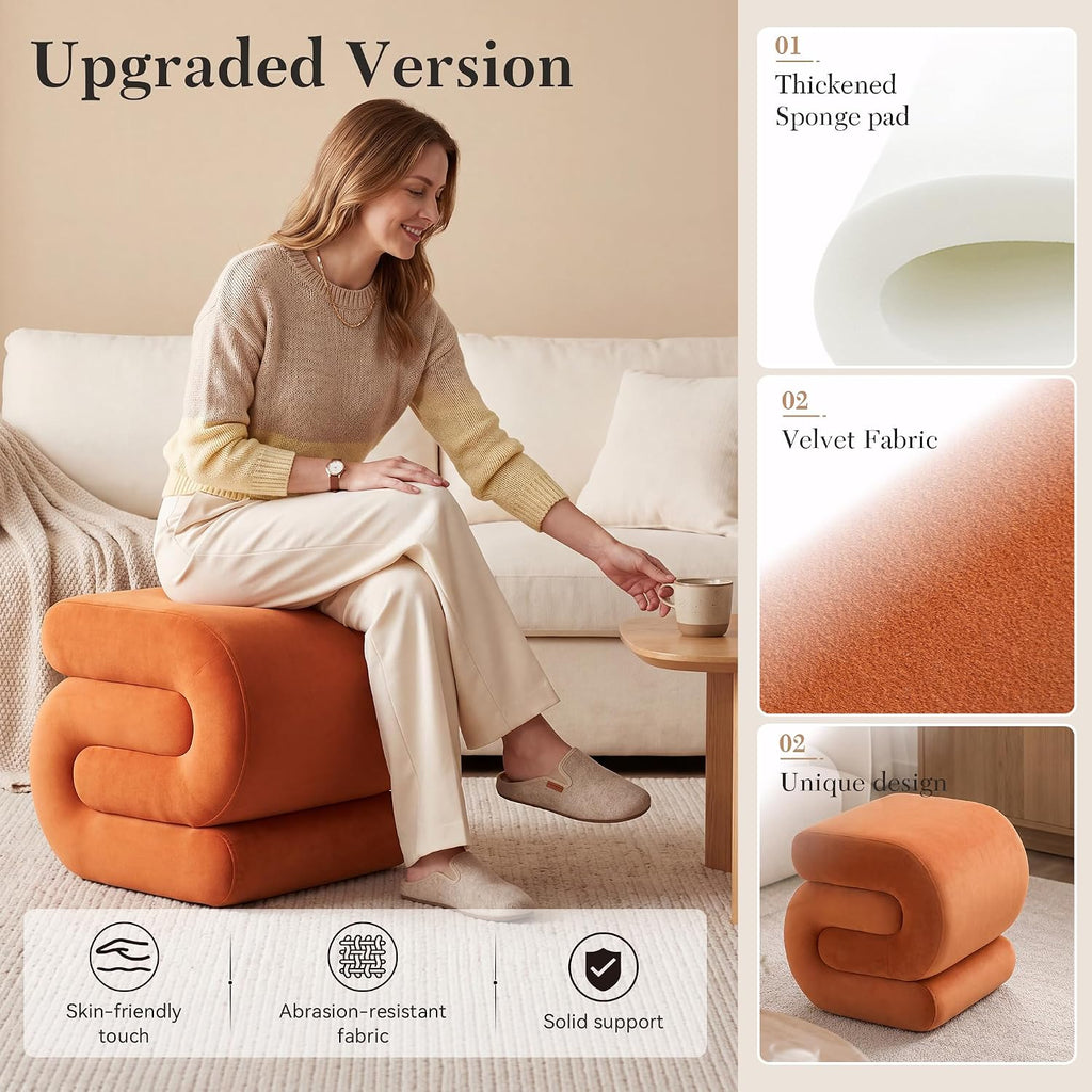 FOXHUNTER S Shape Modern Pouf Ottoman Vanity Stool, Velvet Orange