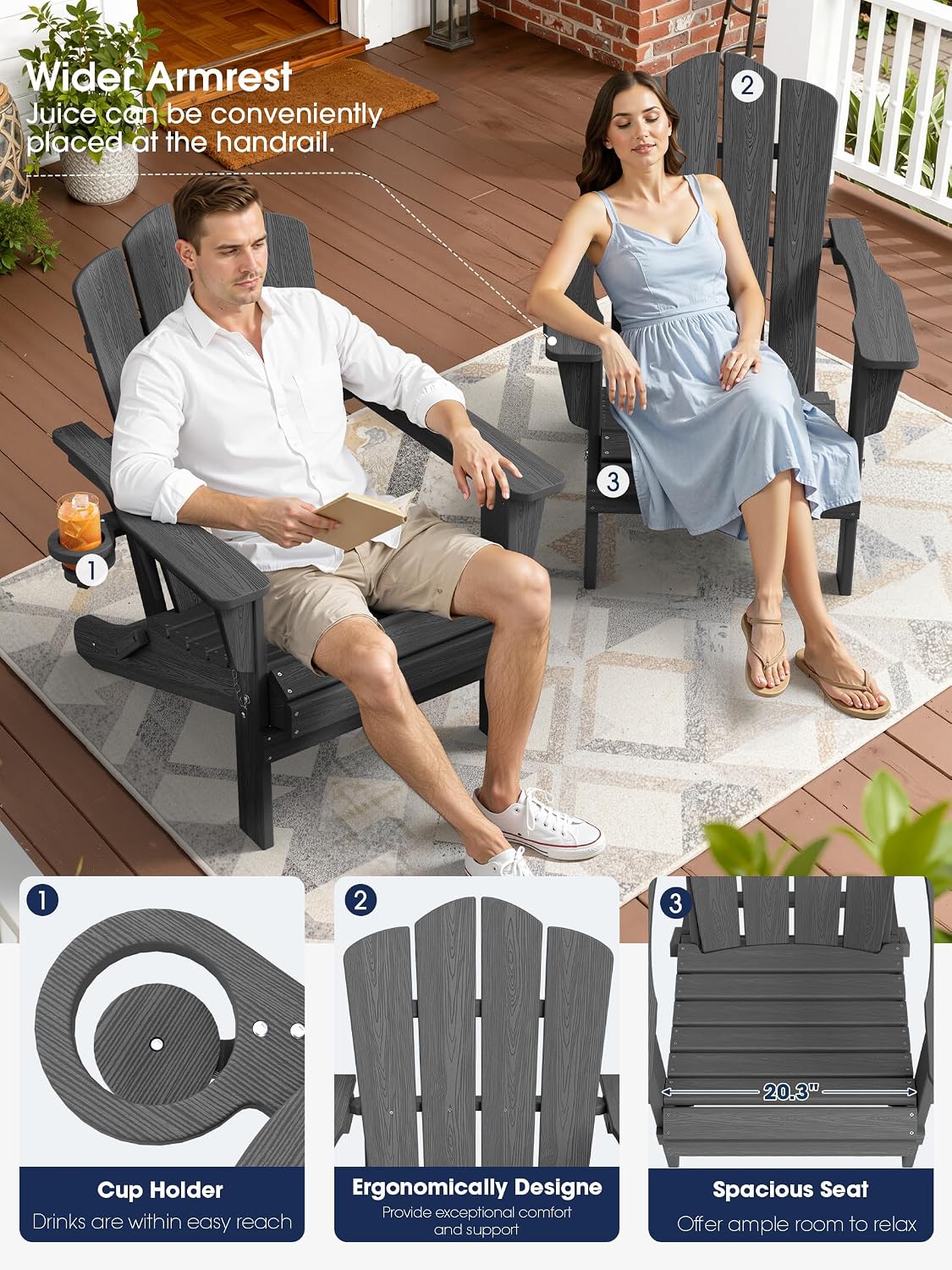 KINGYES Folding Adirondack Chair Set of 6 with Cup Holder, Grey