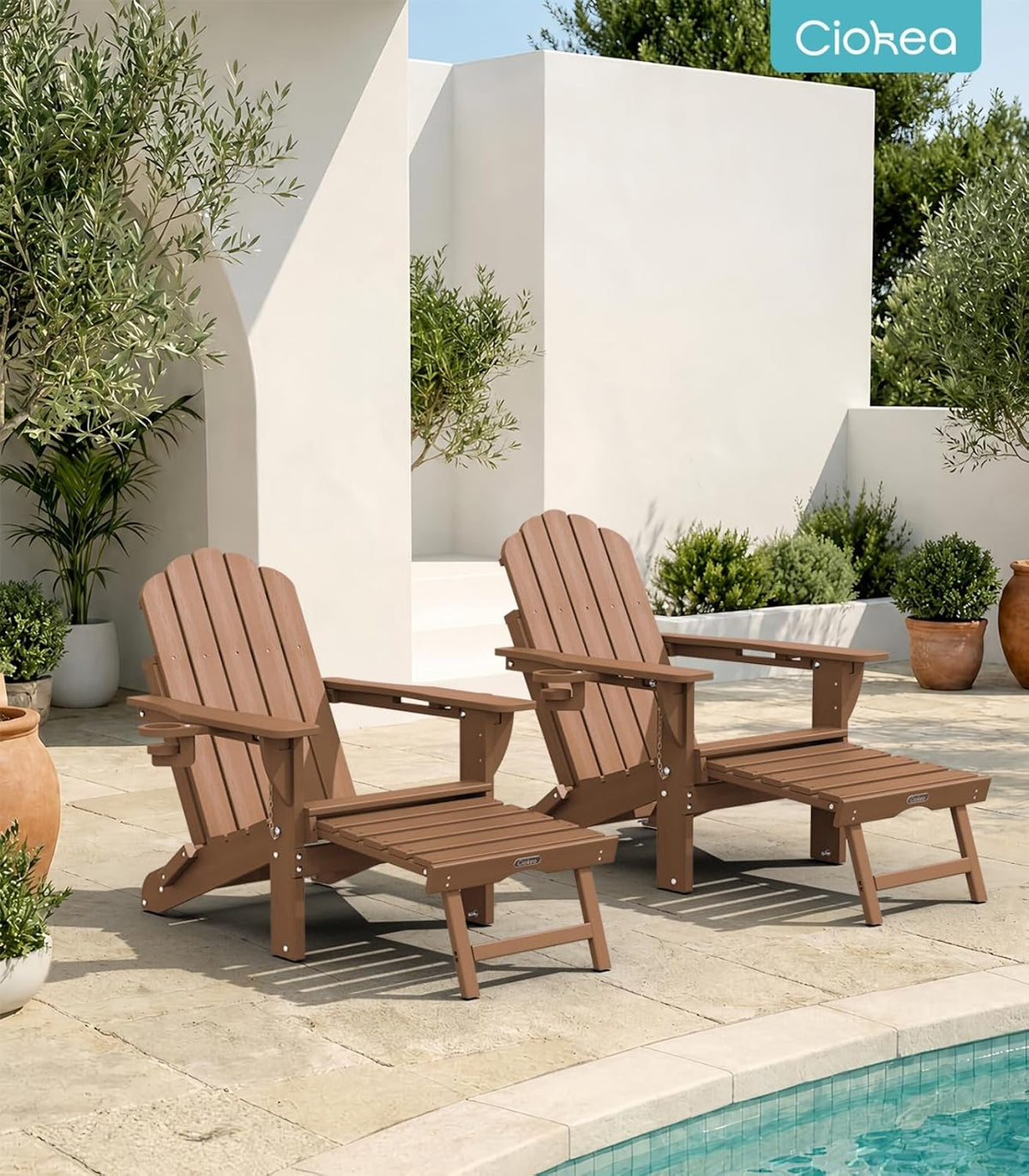 Ciokea Adirondack Rocking Chair with Footrest, Foldable HDPE Rocker (Teak)