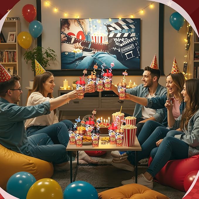 Yungyan 36 Sets Movie Night Party Favors Goodie Cups with Lids and Straws for Halloween Party Decorations Reusable 16oz Plastic Candy Cups Plastic Straws for Birthday Gift(Movie Night)