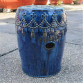 International Caravan Furniture Piece Navy Blue Tasseled Drum Creamic Garden Stool