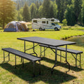 Bonnlo Black Folding Picnic Table Set with 2 Benches, 6 Feet Camping Table Chair Set, Modern Portable 3-Piece Furniture for Indoor/Outdoor Use, White Folding Picnic Table with Smooth Tabletop