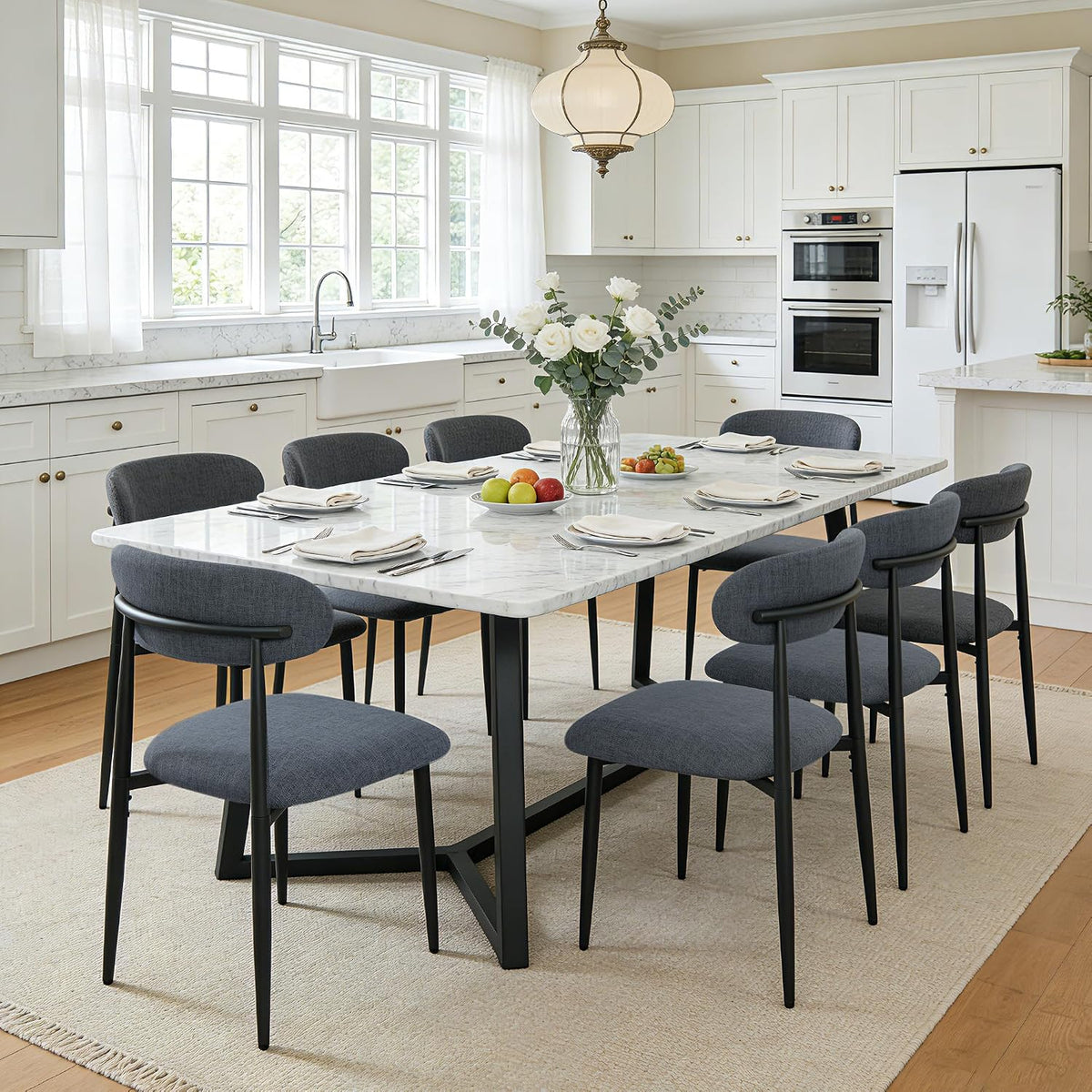 FREKEN Modern Upholstered Dining Chairs Set of 8, Mid-Century Metal Frame Linen Fabric Side Chair for Kitchen Dining Room, 350lbs Capacity, Grey