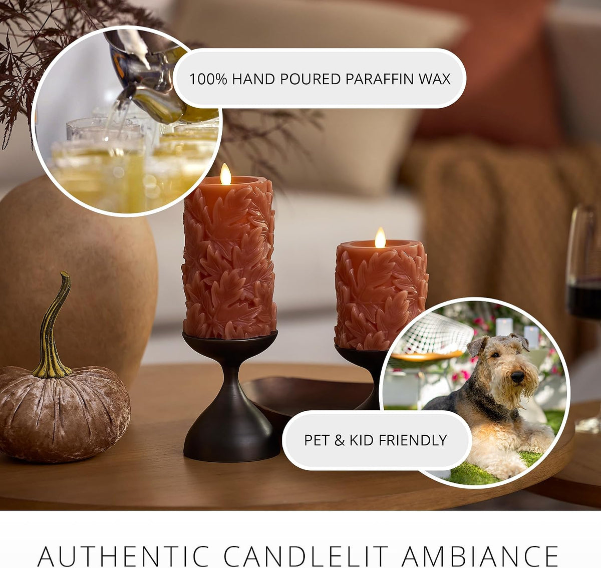 Luminara Flameless Caramel Cafe Embossed Leaves 3.5" x 6.5" Pillar, Battery Operated & Timer Function, Fall Decorations Indoor Candle Moving Flickering Flame LED Light, Remote Ready (Sold Separately)