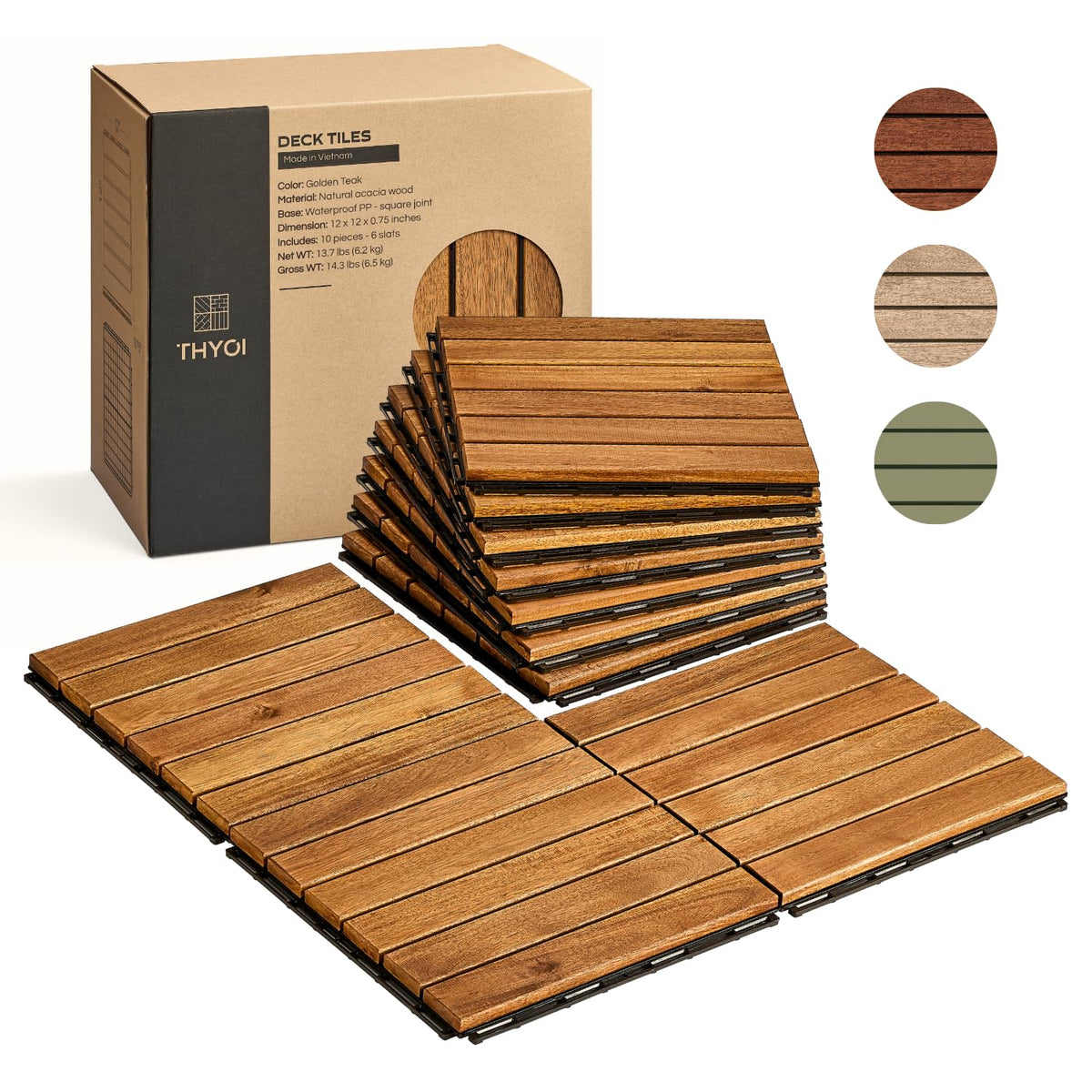 THYOI Premium Deck Tiles, 10 Pcs Patio Flooring - Golden Teak - Striped