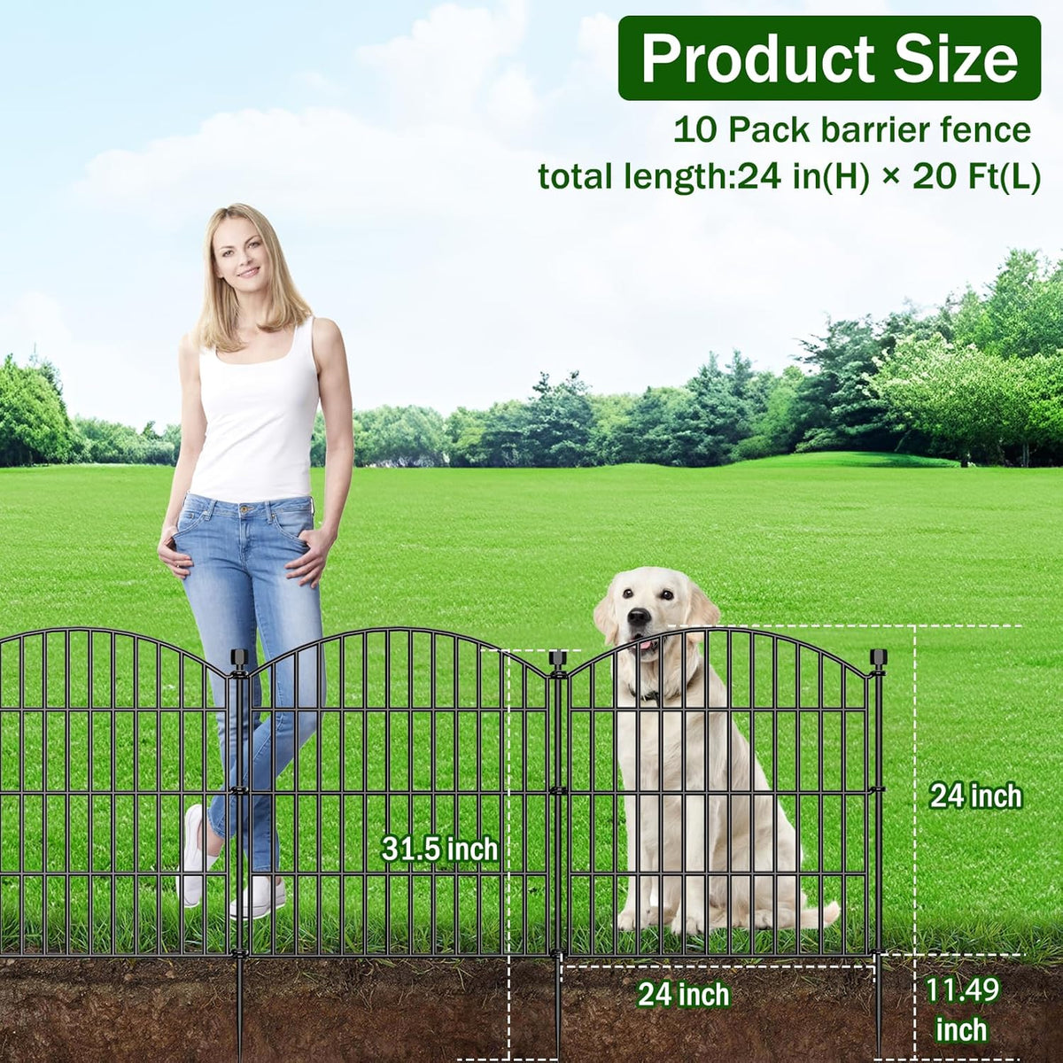 10 Panel No Dig Decorative Garden Fence 24" H x 20'L Outdoor Dog Barrier