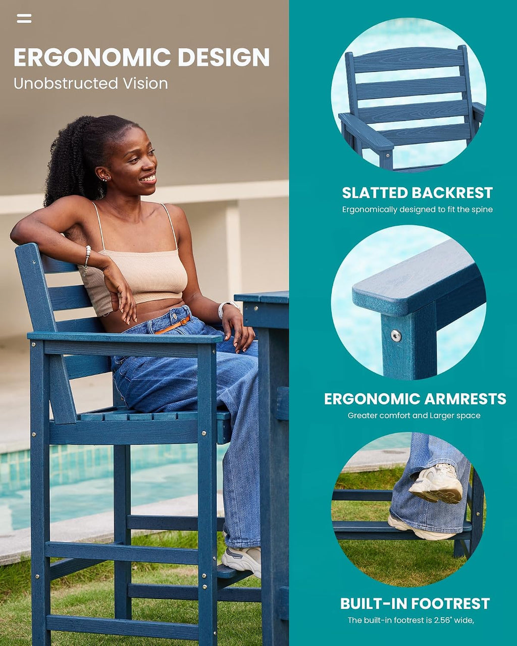 SERWALL 2-Pieces Tall Adirondack Chairs, HDPE Balcony Barstools Set, Blue