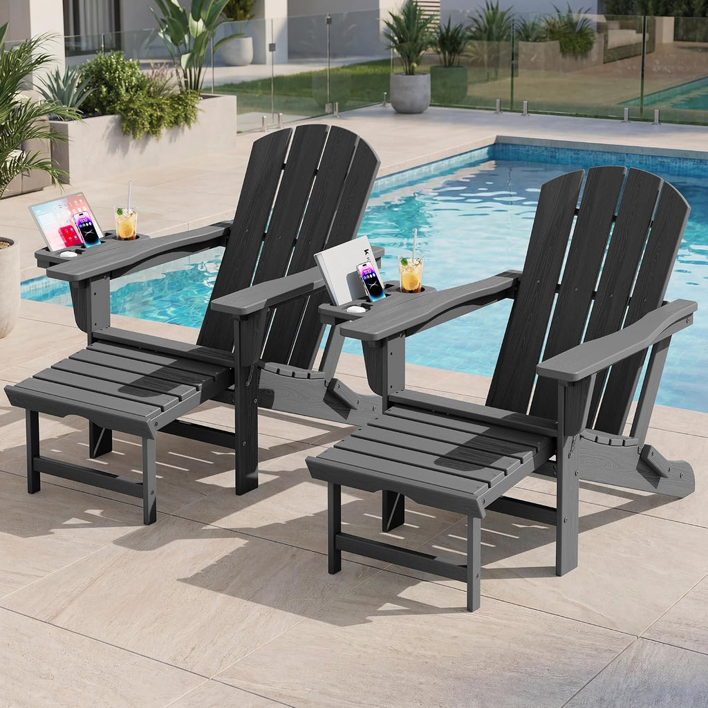 KINGYES Adjustable Folding Adirondack Chair with Footrest & 4-in-1 Multi-Functional Holder, HDPE Recliner Adirondack Chair with Pull-Out Ottoman, Gray