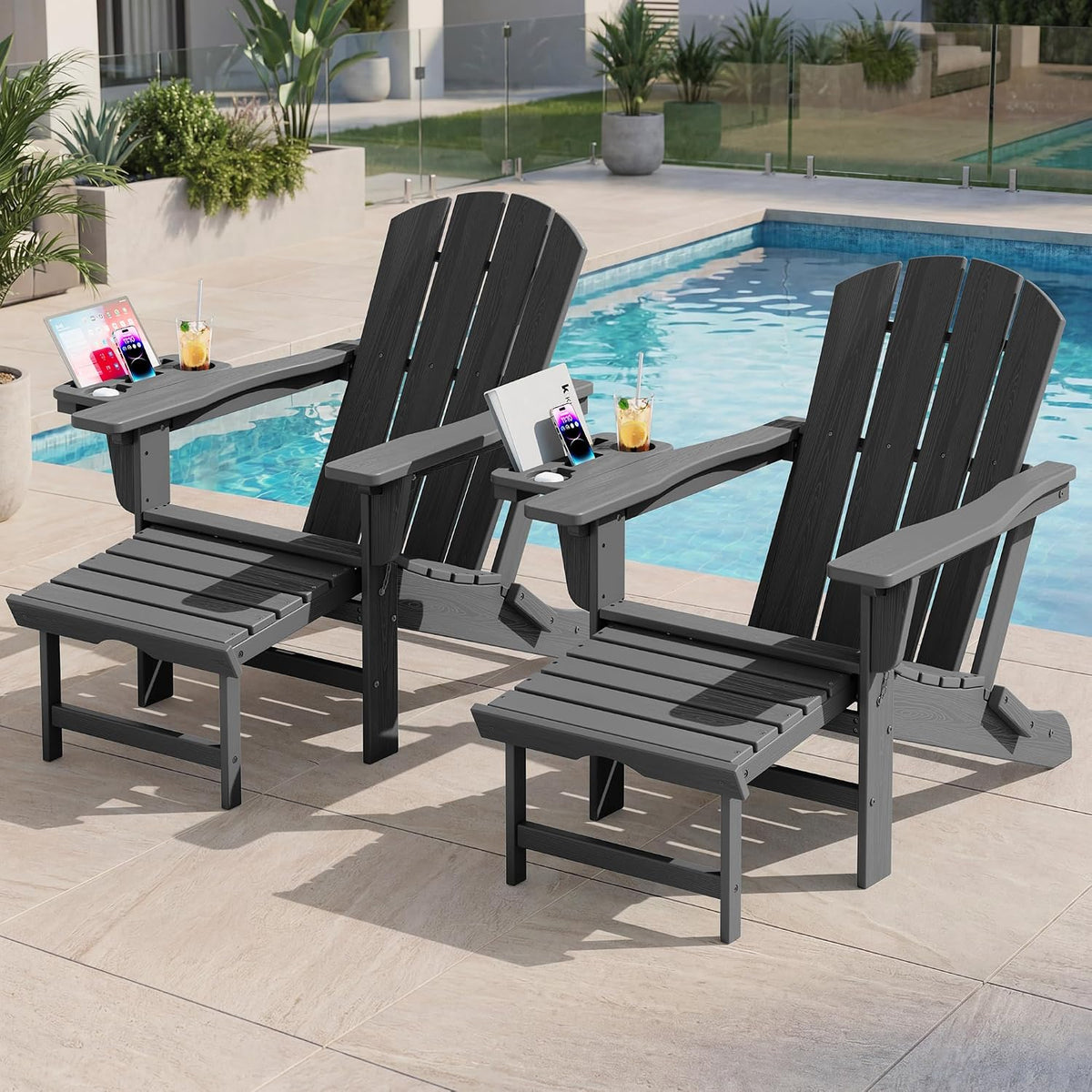 KINGYES Adjustable Folding Adirondack Chair with Footrest & 4-in-1 Multi-Functional Holder, HDPE Recliner Adirondack Chair with Pull-Out Ottoman, Gray