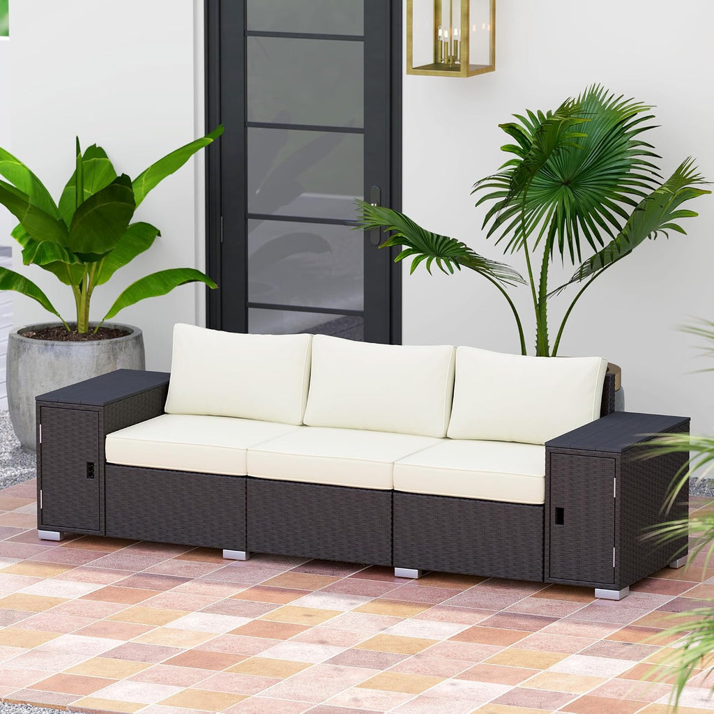 Outsunny 3 Seater Wicker Sofa with 2 Storage Side Tables Cream White/Brown