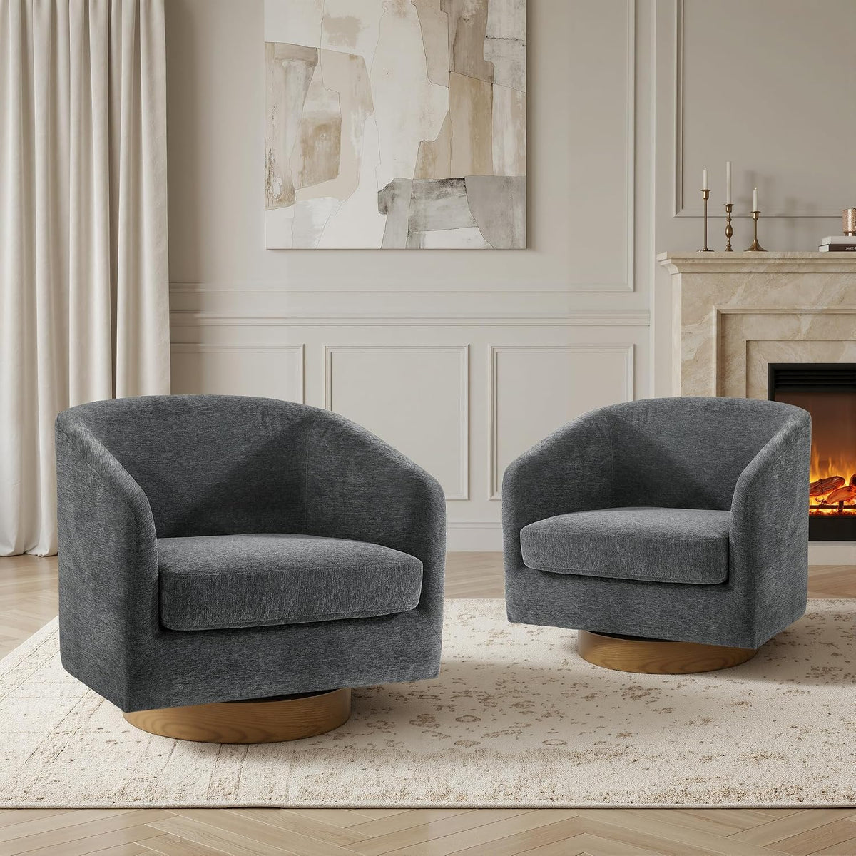 Swivel Accent Chairs Set of 2, Chenille Barrel Armchair, Gray