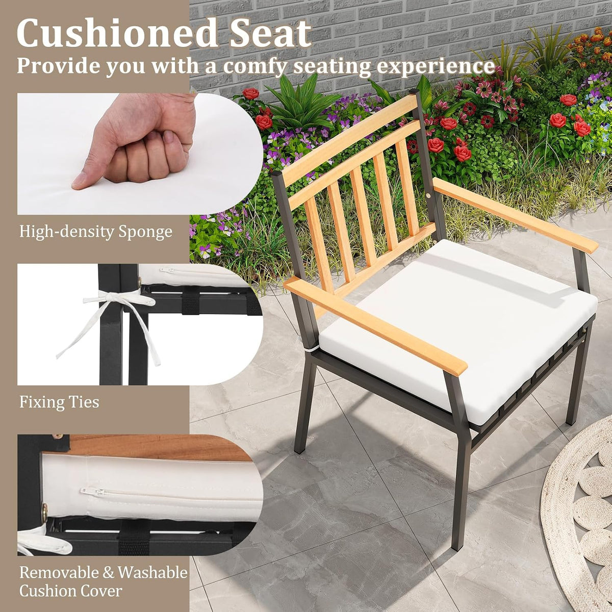 Tangkula 3 Pieces Acacia Wood Bistro Set, Patio Conversation Set with Cushions and Coffee Table, Outdoor Bistro Table and Chairs Set for Porch, Balcony, Garden and Backyard (Off White)