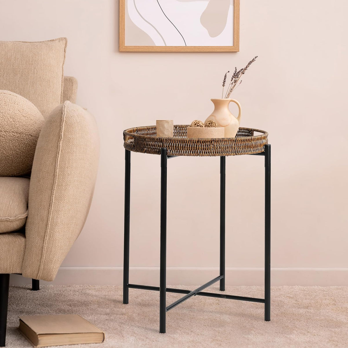 dingtai small wicker round end table, 16.5 in shown in use