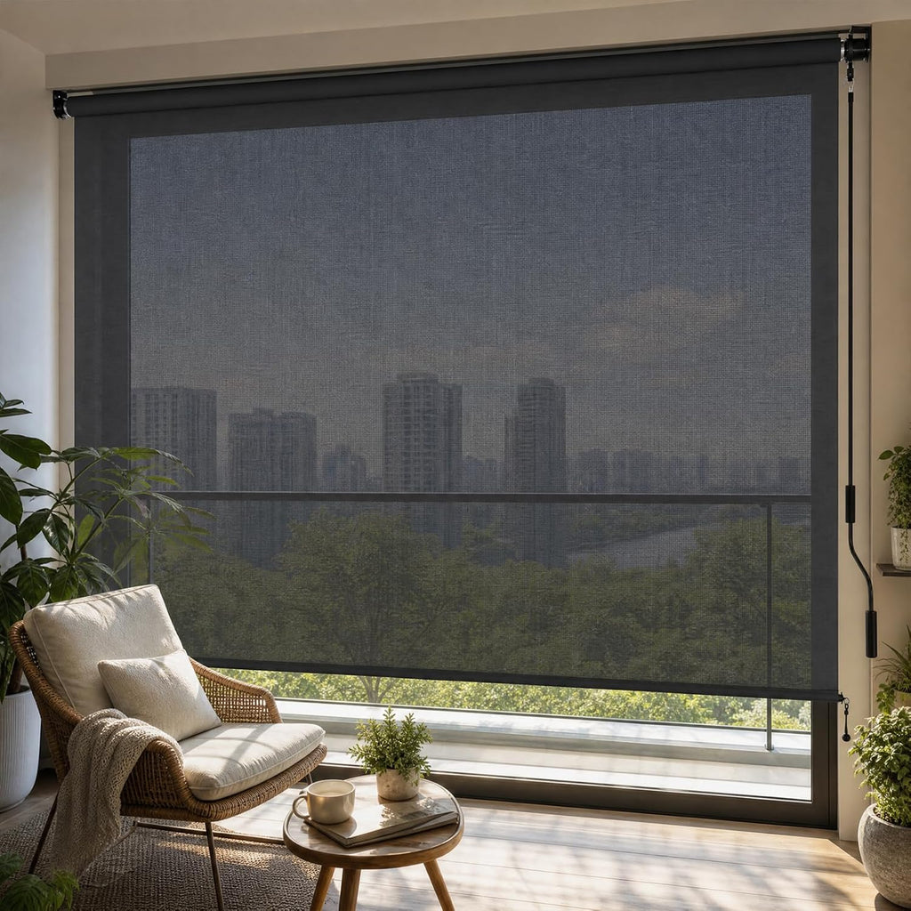 Aoodor 5% Openness Cordless Solar Fabric Roller Shade, 6'W x 8'H Sun Shade for Outdoor Gazebo Pergola Porch Use, 95% UV Protection Blinds, Dark Grey
