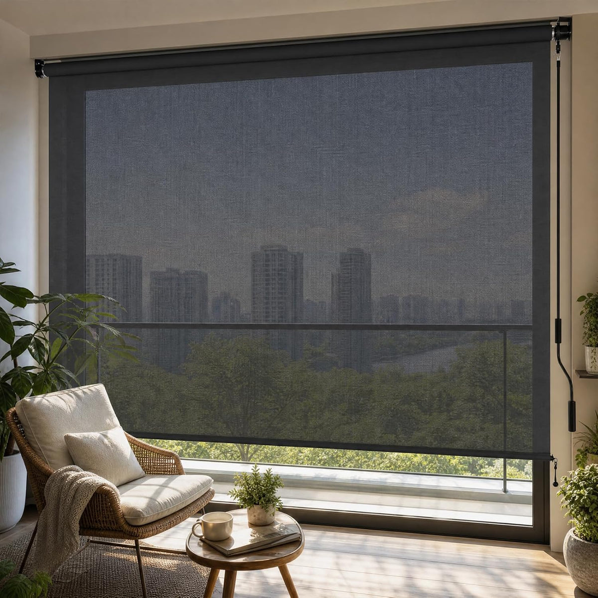 Aoodor 5% Openness Cordless Solar Fabric Roller Shade, 6'W x 8'H Sun Shade for Outdoor Gazebo Pergola Porch Use, 95% UV Protection Blinds, Dark Grey