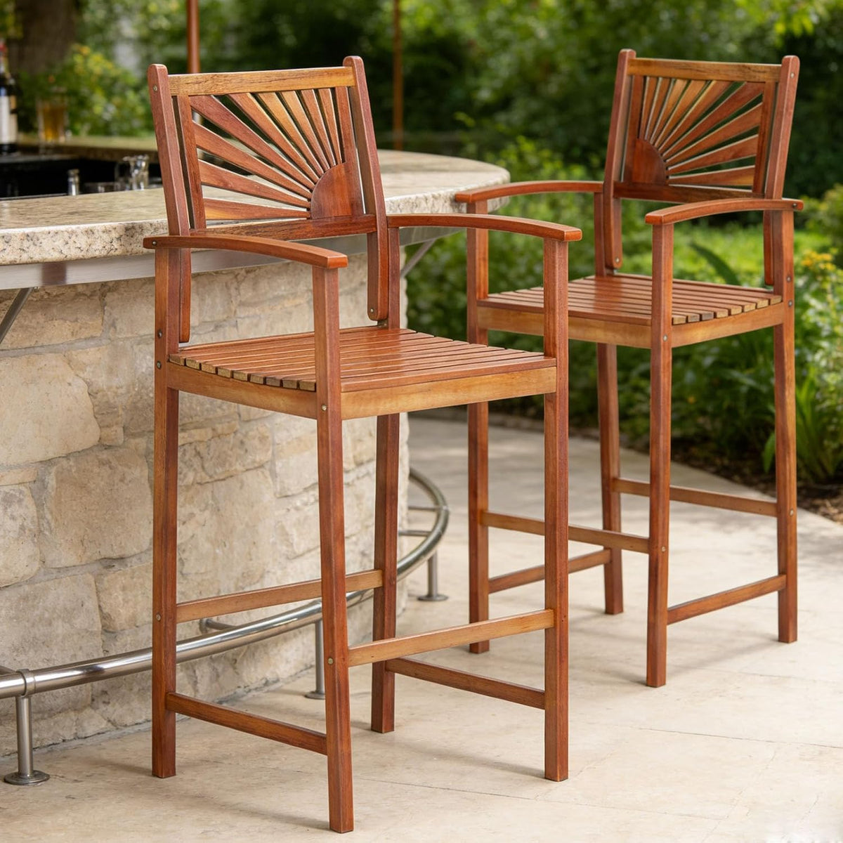 COSTWAY 29'' Outdoor Acacia Wood Bar Chairs Set of 2 with Back and Armrest