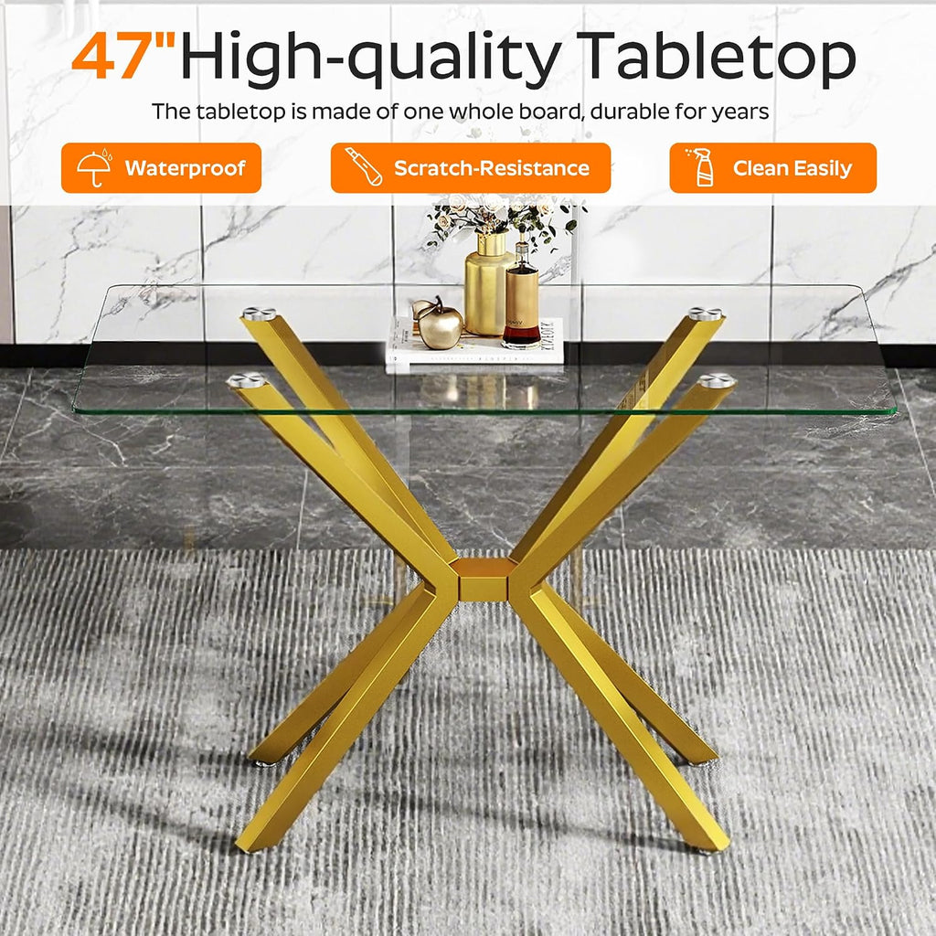 Modern Gold Glass Dining Table Set of 6, 47'' Clear Glass Top Rectangular Kitchen Table Set, 7 Pieces Minimalism Dining Room Table Set, 6 Luxury White Gold High Back Dining Chairs Set