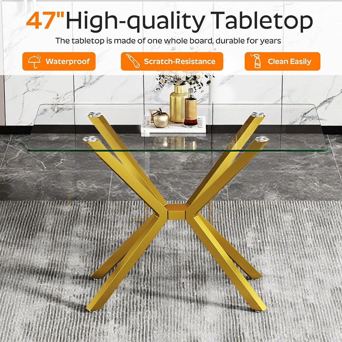 Modern Gold Glass Dining Table Set of 6, 47'' Clear Glass Top Rectangular Kitchen Table Set, 7 Pieces Minimalism Dining Room Table Set, 6 Luxury White Gold High Back Dining Chairs Set