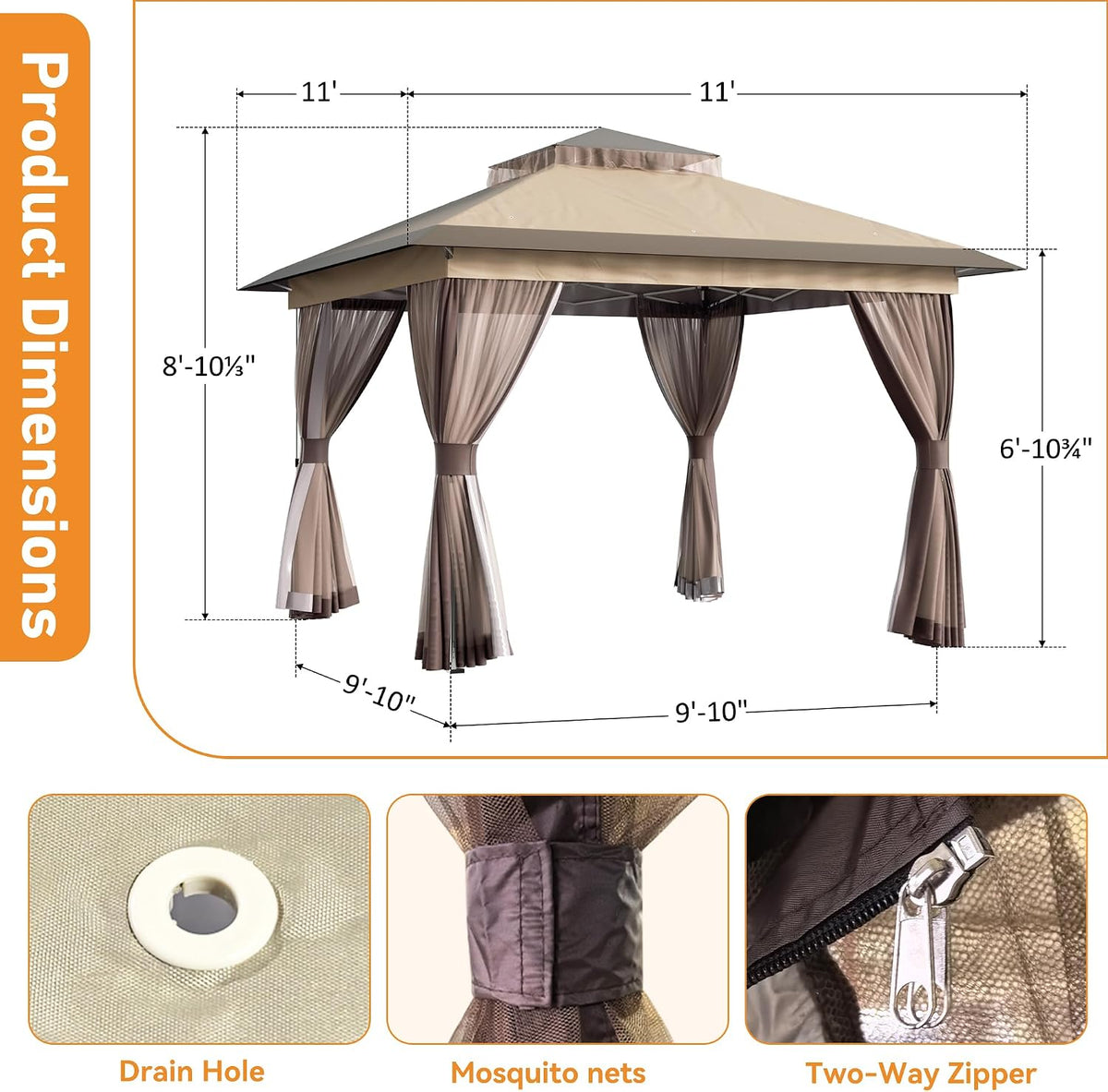 Covered Outdoor Pop Up Gazebo 11'x11' Canopy Tent, Outdoor Gazebo with Double Ventilated Roof, Waterproof UV Protection Pop Up Canopy with Mosquito Netting, Portable Party Tent with Backpack