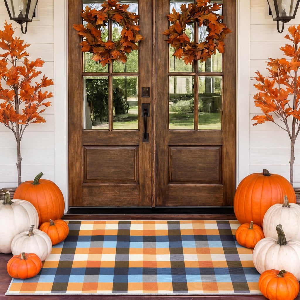 Breling Fall Plaid Door Mat Outdoor Porch Entry, Plaid, Blue and Orange