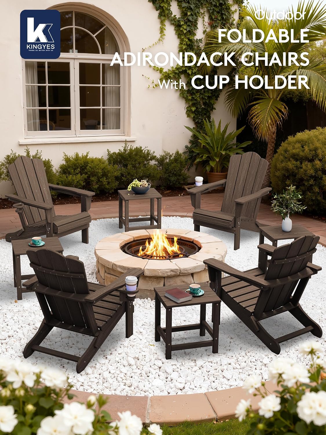 KINGYES Folding Adirondack Chair with Cup Holder, Coffee