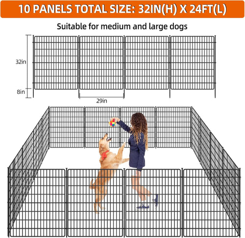 10 Panels No Dig Fence, 32 in(H) X 24 ft(L) Garden Decorative Fence Animal Barrier for Dogs, Rustproof Metal Garden Edging Border for Outdoor, Yard, Patio, Black