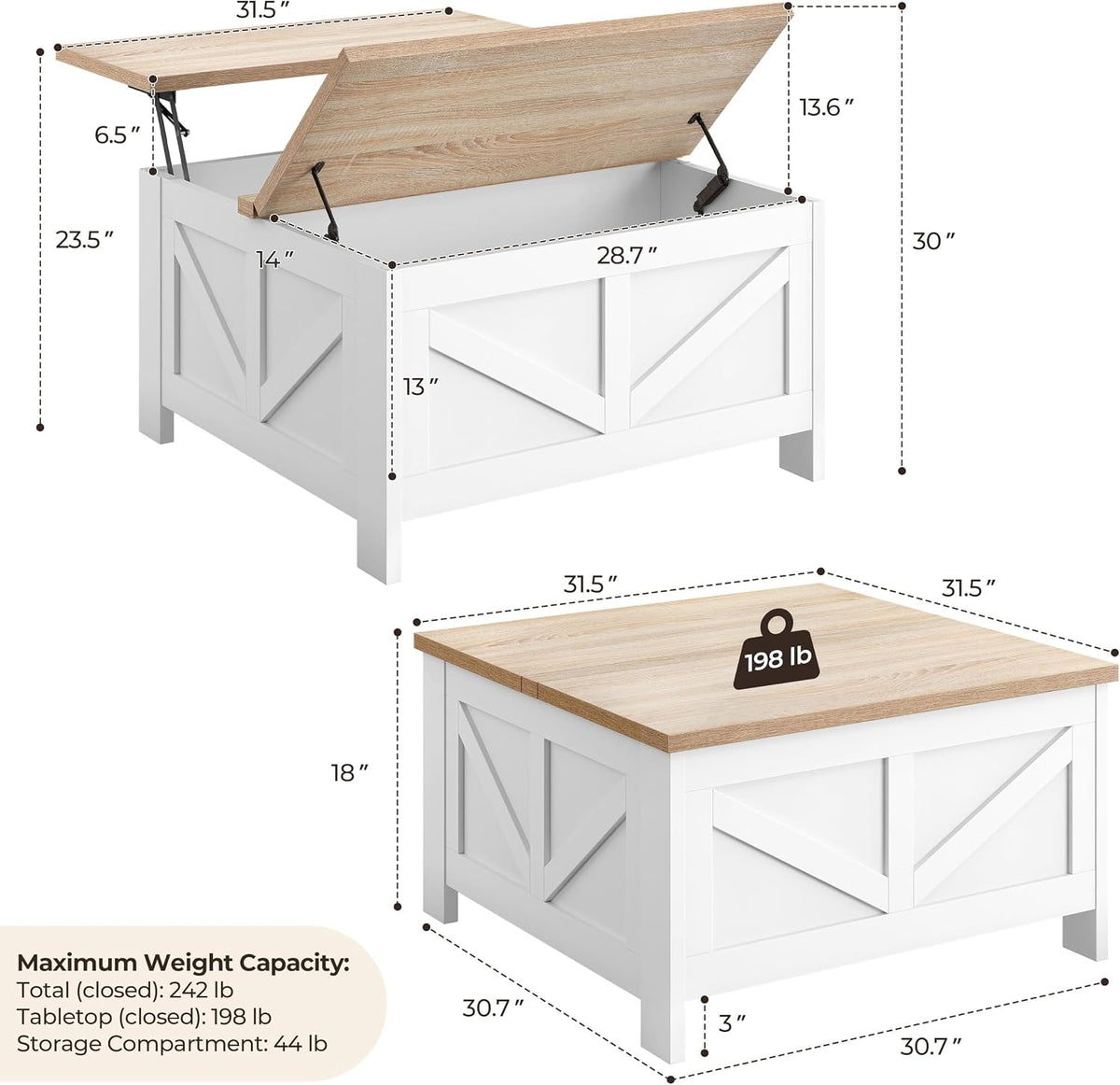 Yaheetech 31.5" Square Lift Top Coffee Table with Storage, White&Light Oak