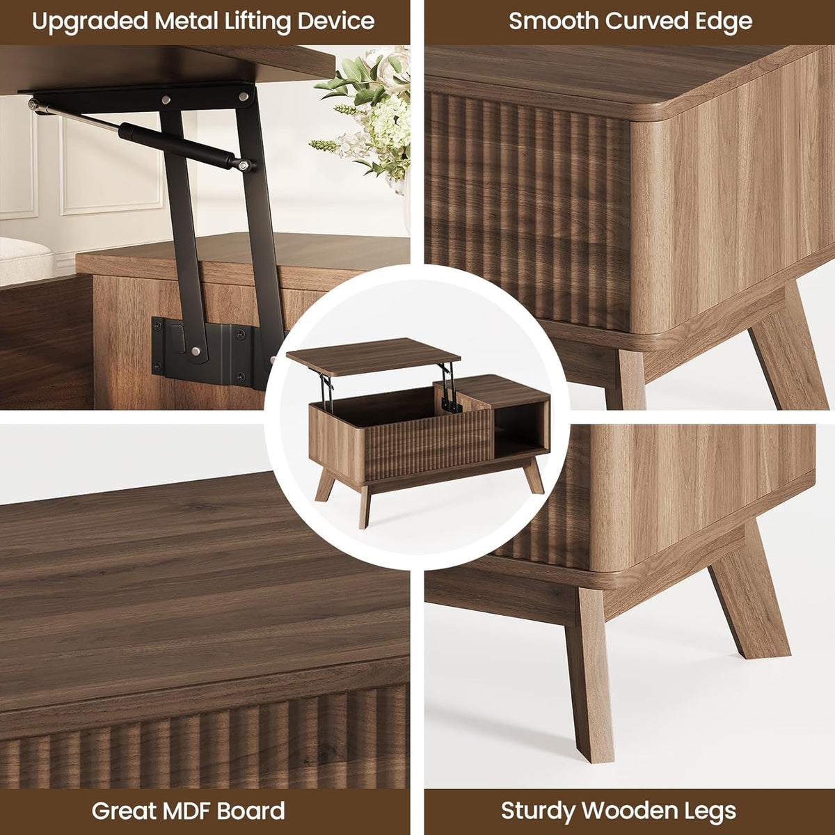 Lift Top Coffee Table, Fluted Hidden Storage Table for Living Room, Walnut