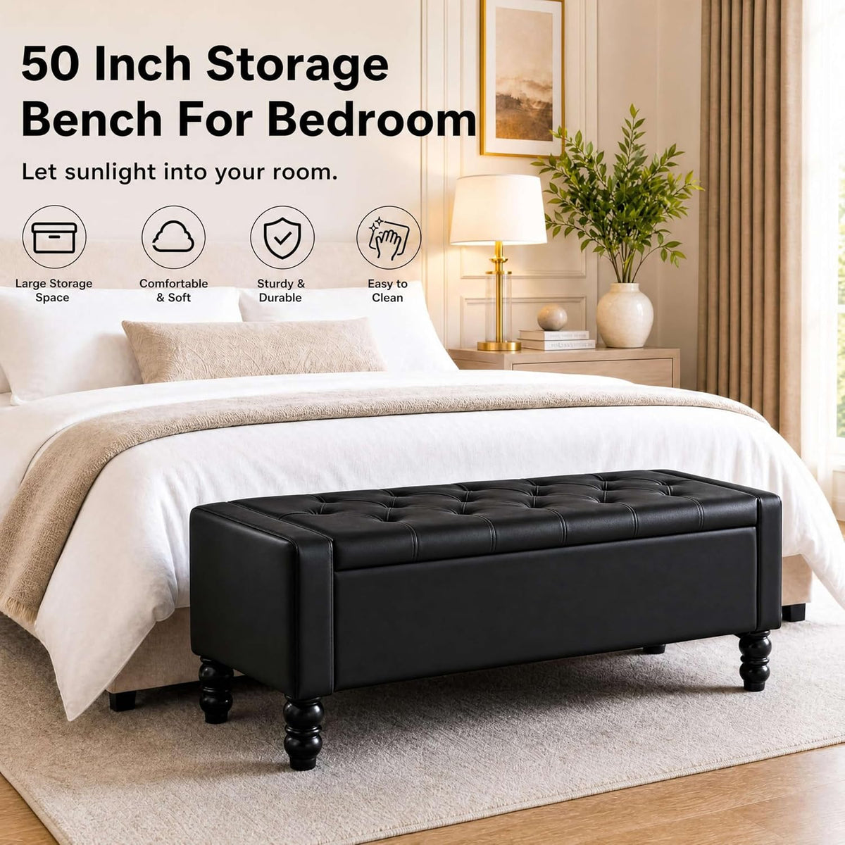 50 inch faux leather storage ottoman bench for, close-up detail