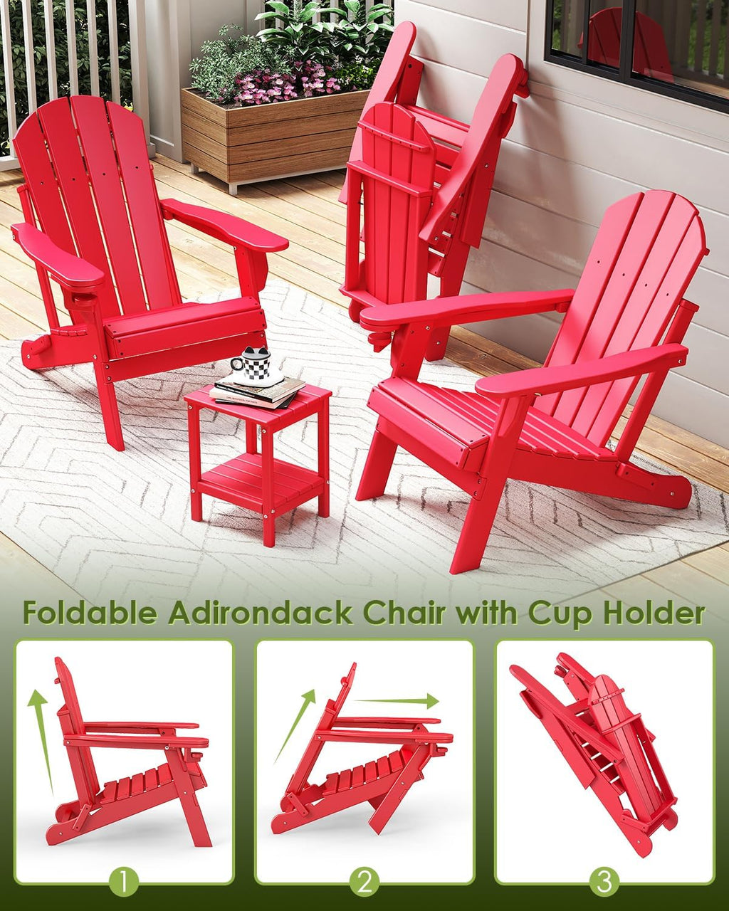 GREENVINES Folding-Adirondack-Chair, HDPE All Weather, Red
