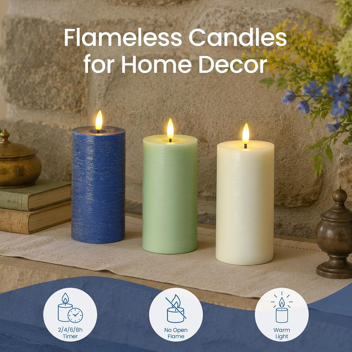 Set of 4 Navy Blue Real Wax Flameless Candles with Remote, Long Lasting Battery Operated LED Pillar 3" x 4" 5" 6" 7" with Timer and Flickering Electric for Home Decor