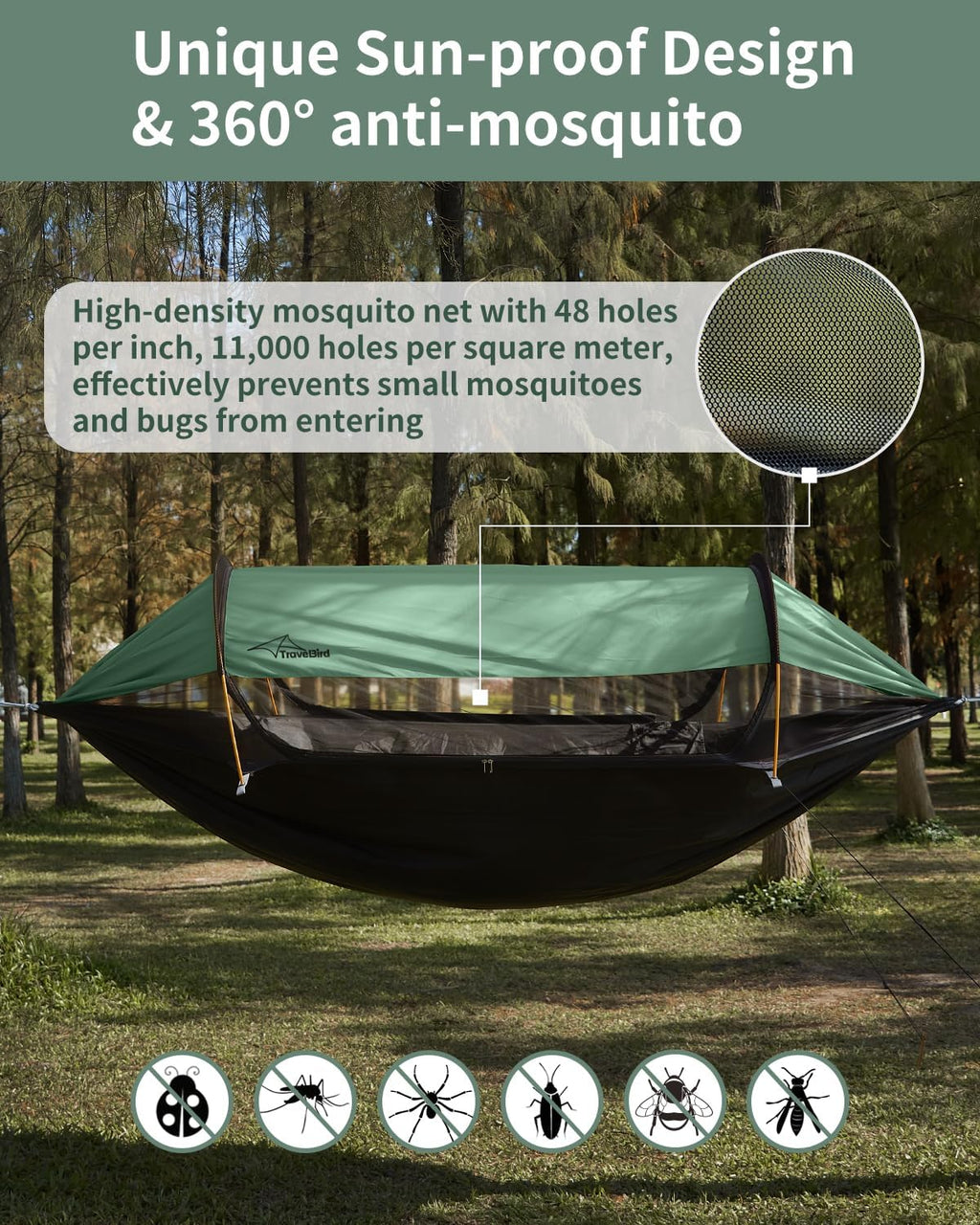 3-in-1 Camping Hammock Tent with Mosquito Net & UV Sunshade