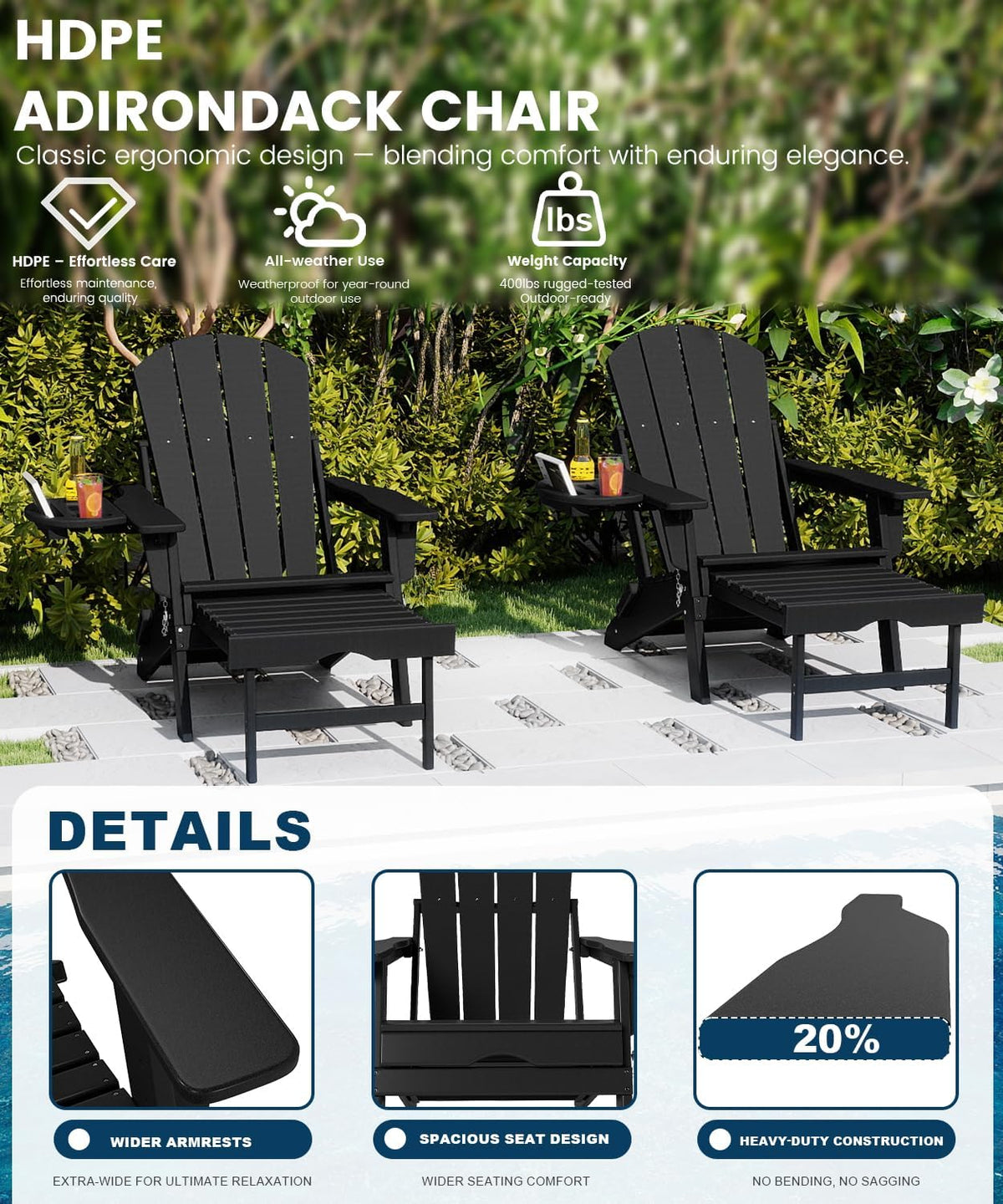 FOOWIN Folding Adjustable Adirondack Chair with Ottoman Set of 2